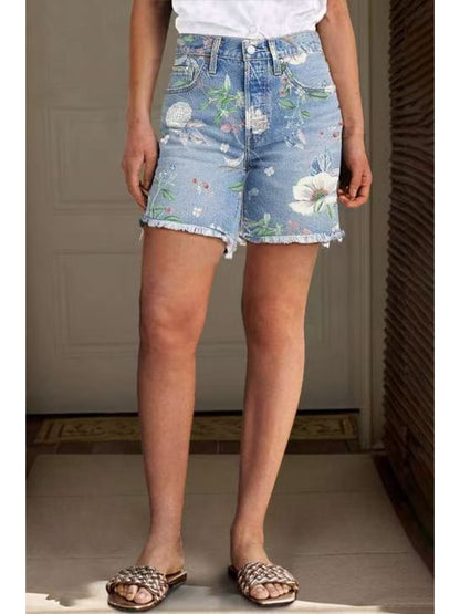 Women' Stretch Denim Shorts - Comfortable Retro Jeans, Floral Prints, Cinched Waist and High-waisted Design, Perfect for Spring and Summer.