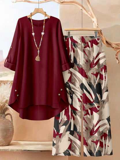 Plus Size, Plus Size - Plus Size - A Stylish 2pcs Outfit for Plus-Size Women Featuring an Asymmetrical Button-Up Top And Wide-Leg Pants with Artistic Prints, Perfect for Daily Elegance