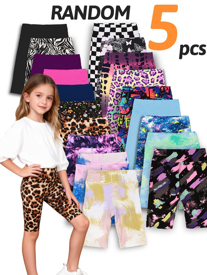 Random 5/8/10-Pack Girls Prints Summer Yoga Band Shorts Fashionable Children Stretchy Soft Knee Length Leggings Hot Days Kids Biker Shorts Back To School OOTD Bottom Shorts Under Dresses Grandma Love Child Breathable Sports Pants Home Clothing Short