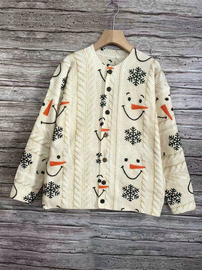 2D Printed Women's Sweater Cardigan 2026 Spring New European and American Snowman Snowflake Pattern Winter Coat Button-Up Top Fashion Trend Soft Comfortable Low Price Valentine's Day St. Patrick's Day Gift