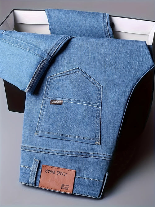 Men's Classic Straight-Leg Stretch Denim Jeans - Water-Washed Black Casual & Business Casual Pants, All-Season Machine Washable Regular Fit