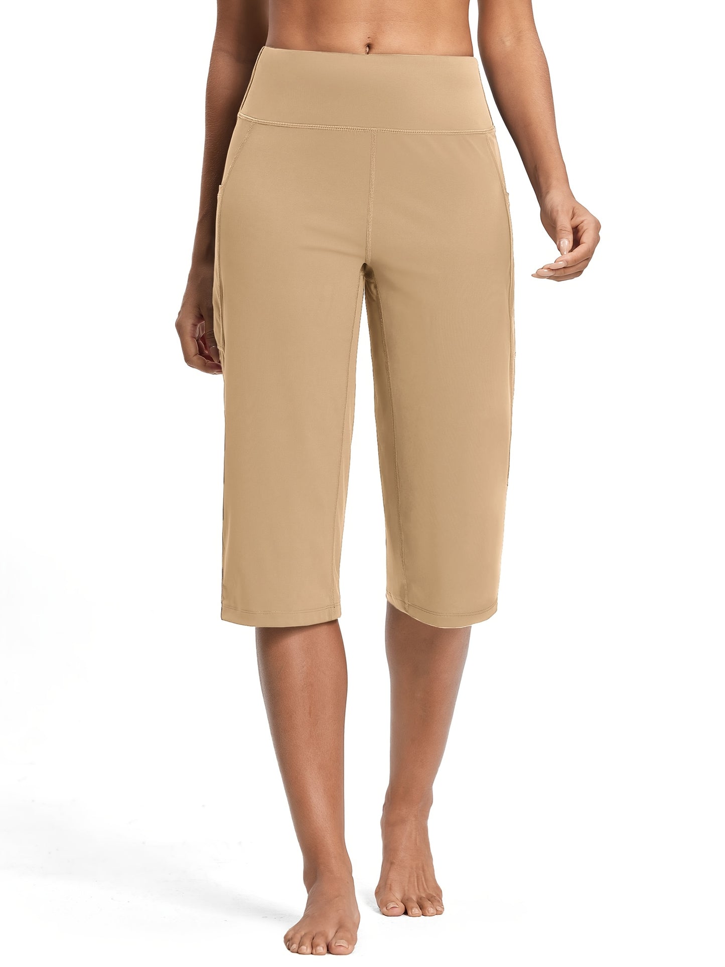 18-Inch Capri Trousers for Women Featuring a High Waist, Pockets, Tummy Control, And a Loose Straight Leg Design Suitable for Workouts And