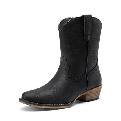 Women'S Cowboy Cowgirl Western Ankle Boots Low Chunky Heels Square Toe Fall Short Booties Shoes Pointed toe Cowgirl Boots Women, Western Embroidered Low High Wide Calf Chunky Pull on Boot for Girls with Inside Zipper