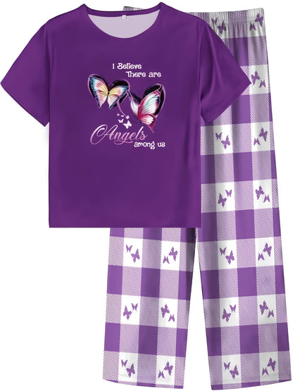 Set of 6 Plus Size Women'S Sleepwear Featuring a New Heart And Butterfly Design on a Short Sleeve Top Paired with Heart Checkered Pajama Pants
