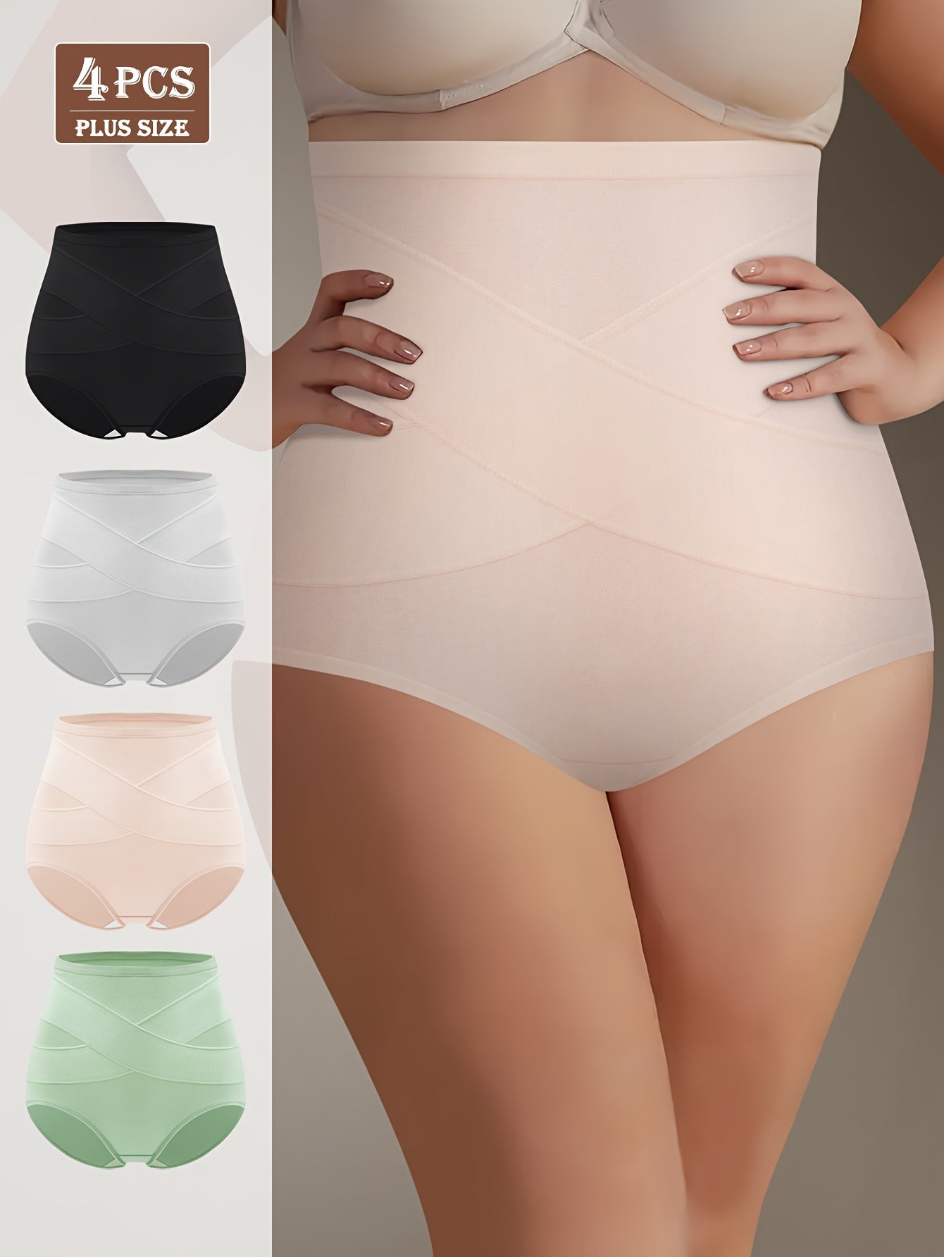 4pcs Plus Size High-Waist Shaping plus-size Panties- Breathable And Comfortable, Designed To Shape Your Figure Perfectly- Featuring A Wide Elastic Waistband For Extra Support, Providing All-Day Comfort