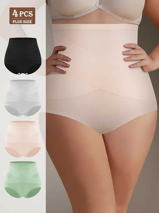 4pcs Plus Size High-Waist Shaping plus-size Panties- Breathable And Comfortable, Designed To Shape Your Figure Perfectly- Featuring A Wide Elastic Waistband For Extra Support, Providing All-Day Comfort