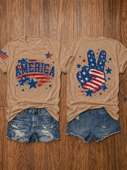 USA 250th Anniversary Independence Day American Flag Stars and Stripes Print Crew Neck T-Shirt, Summer Casual Vacation Women's Short Sleeve Top, Soft Stretch Fabric, Multiple Colors Available