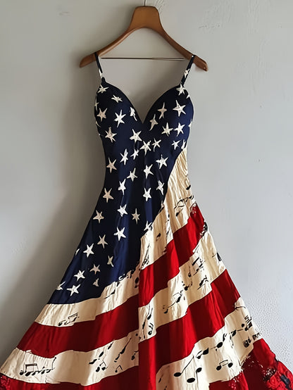 Women's Patriotic Maxi Dress - A-Line Silhouette, Suitable for Vacation, Leisure & Beach Outings, Loose Fit, National Flag Pattern, Sleeveless, V-Neck, Red National Flag Design with Built-In Cups