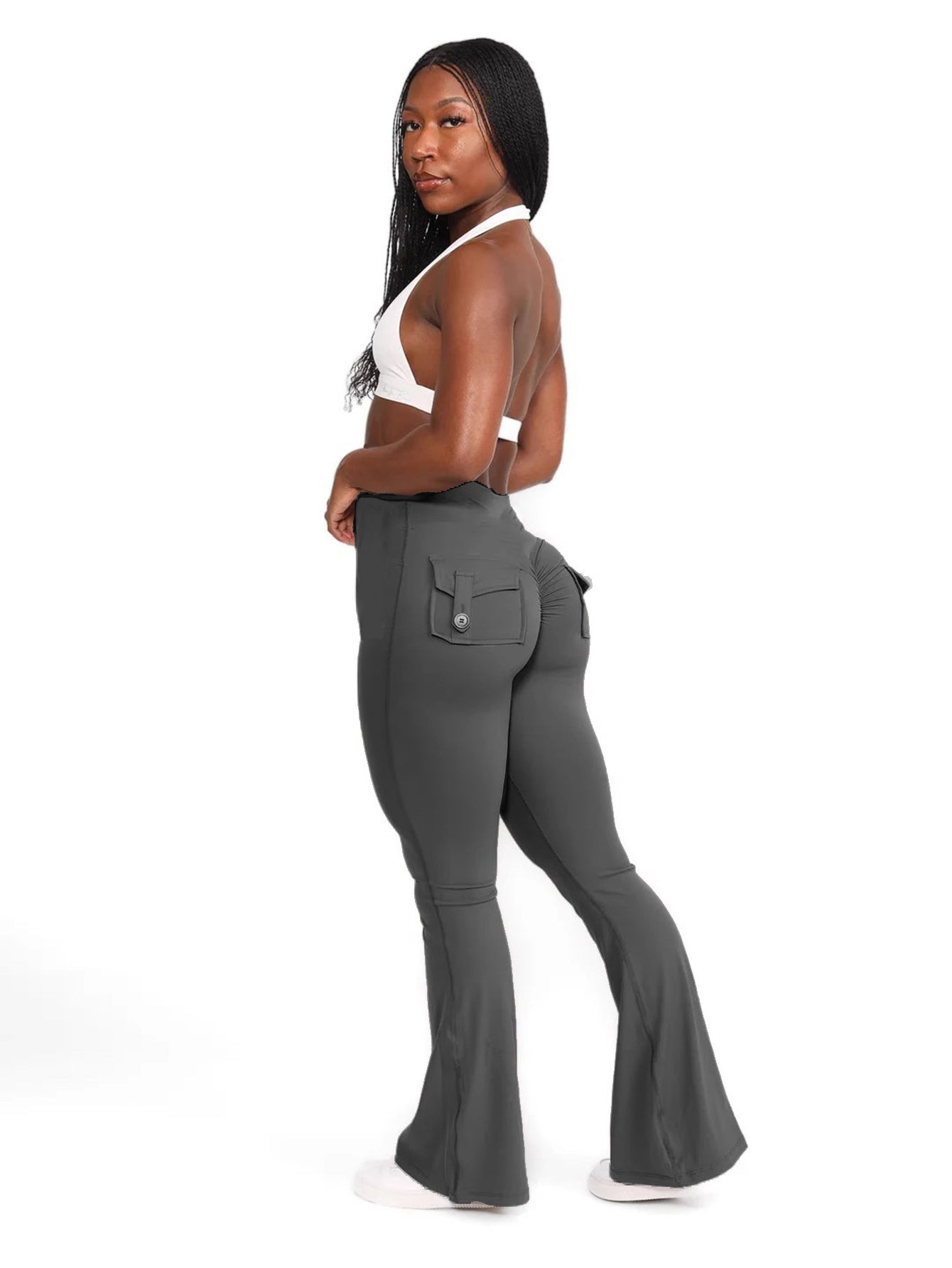 FOEIERAA 1pc Fashion Workwear Style Flare Pants, Women's Casual Flare Pants, High-Waist Pocket Joggers, Workwear Style Peach Butt Yoga Pants, Quick-Dry Tummy Control Butt Lifting Sexy Long Pants, Flare Leggings