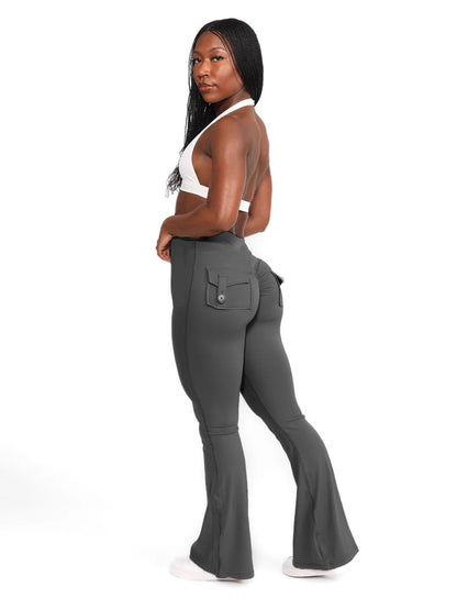FOEIERAA 1pc Fashion Workwear Style Flare Pants, Women's Casual Flare Pants, High-Waist Pocket Joggers, Workwear Style Peach Butt Yoga Pants, Quick-Dry Tummy Control Butt Lifting Sexy Long Pants, Flare Leggings
