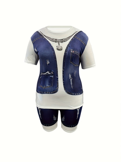 [Denim Print/Imitation Denim] Women's clothing Full body imitation denim print two-piece set Casual loose short sleeves paired with slim shorts Round neck Loosen the top with a wide swing Set with tight shorts