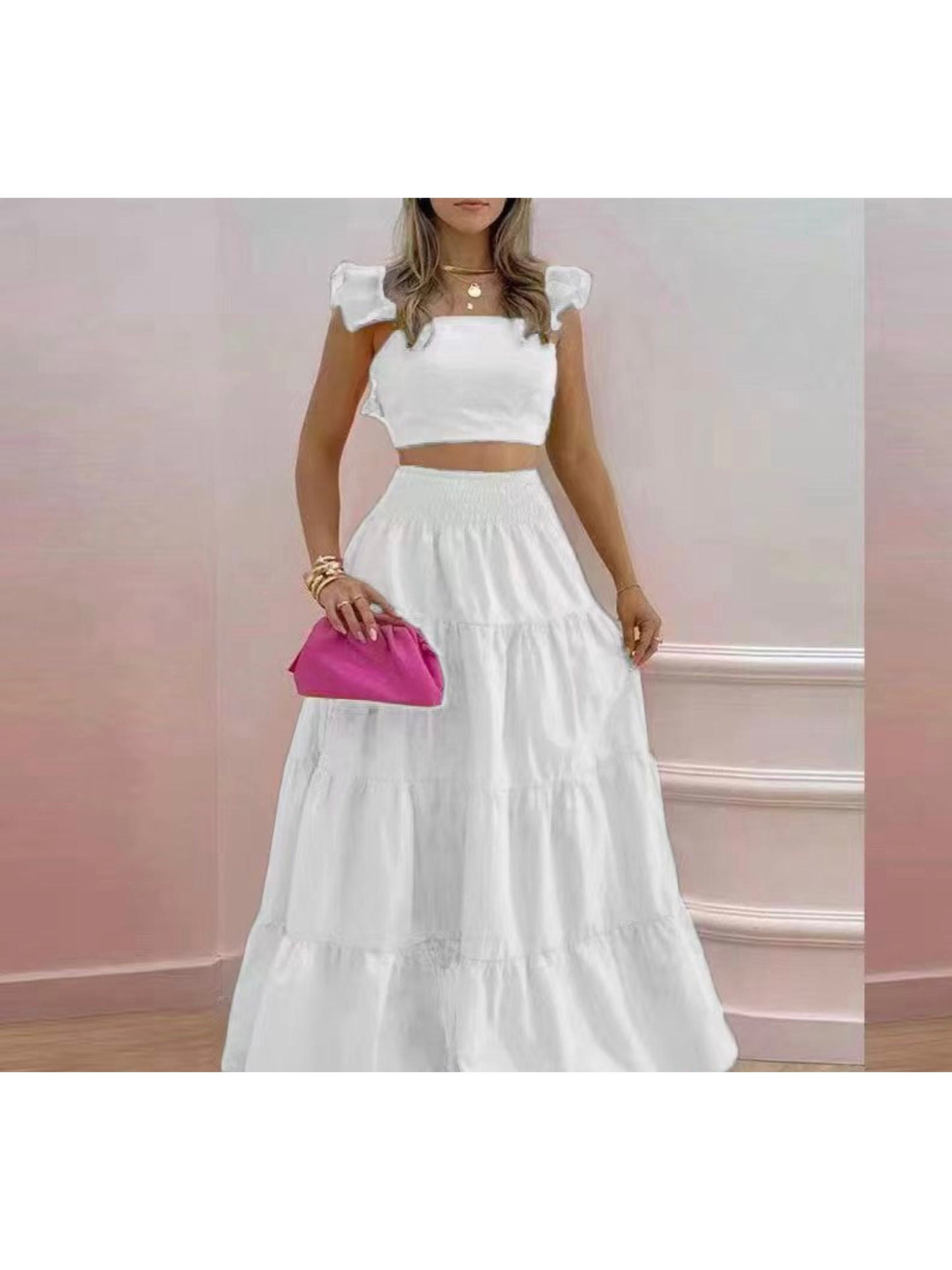 22024 (1pc) Summer Blooms Two-Piece Set - Womens Ruffled Crop Top & Flowy Maxi Skirt Ensemble, Elegant Occasion Wear