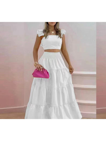 22024 (1pc) Summer Blooms Two-Piece Set - Womens Ruffled Crop Top & Flowy Maxi Skirt Ensemble, Elegant Occasion Wear