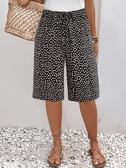 2pcs Women'S Casual Shorts Set - Black & White Abstract Print, Drawstring Waist, Lightweight, Perfect for Beach & Summer Outings, Summer Casual Wear|Abstract Print Shorts|Lightweight Shorts