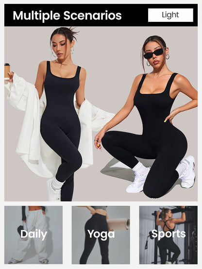 2pcs - Women'S Autumn And Winter Sleeveless Square Collar Long Jumpsuit, 90% Nylon And 10% Elastic Fiber Fabric Comfortable, Thick, Impermeable Washable And Reusable, Suitable For Any Activity Occasion, Exercise, Fitness, Pilates, Running, Yoga