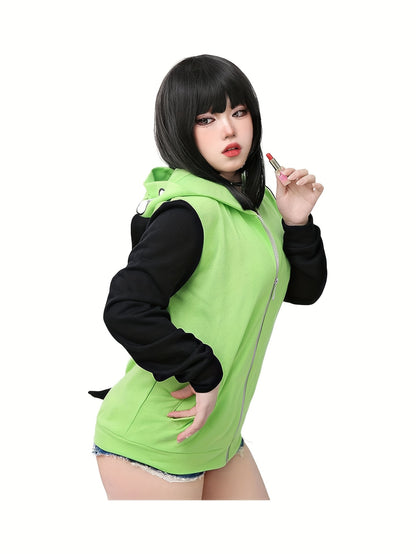 Women Cosplay Hoodie Jacket Green Coat with Ears for Halloween Party