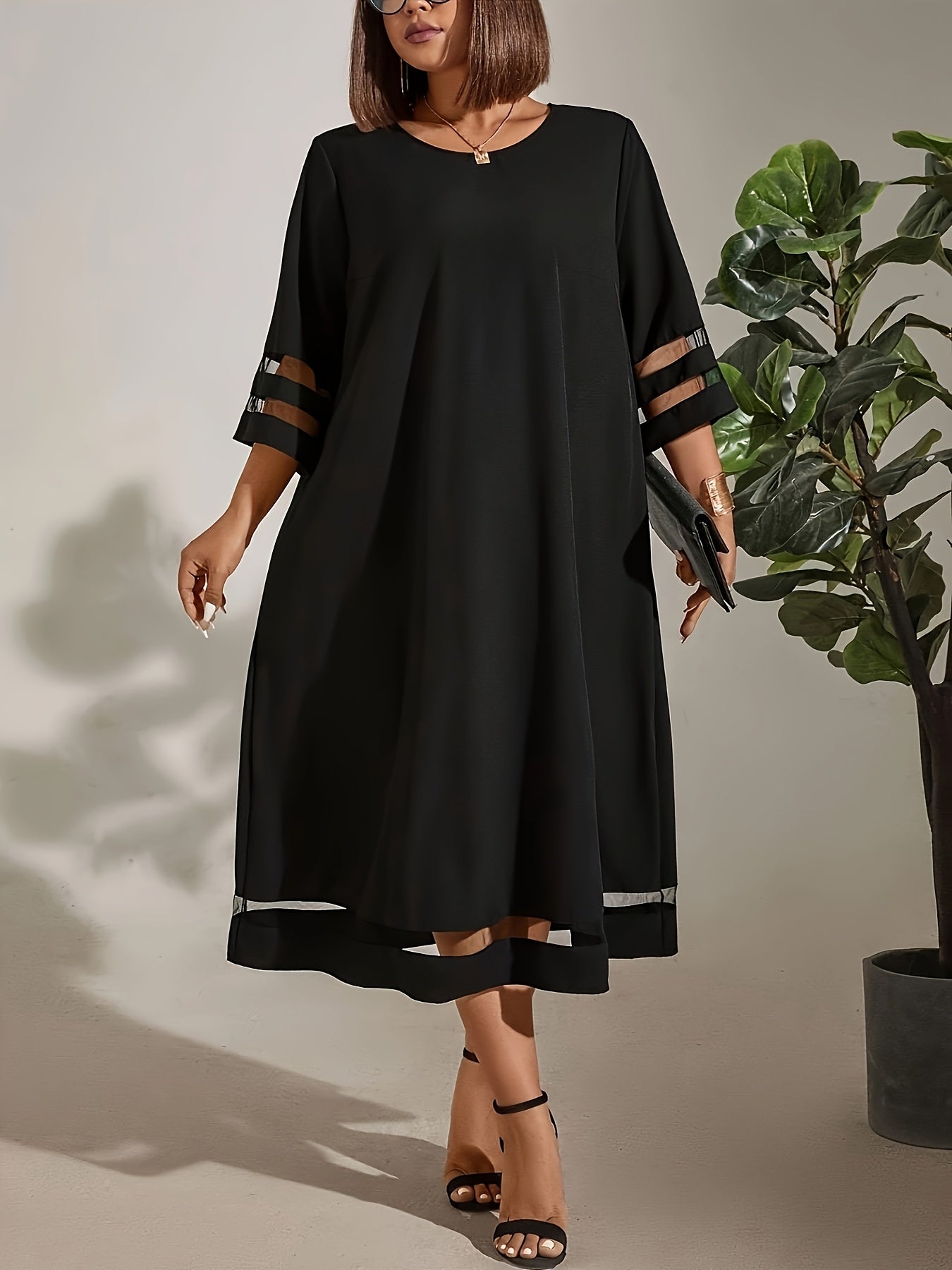 Plus Size, Plus Size Women's Elegant Casual Chic Dress - Breathable Mesh Inserts, Garden Neckline & 3/4 Sleeves, Fitted Solid Color Design for Spring Summer Autumn, Machine Washable, Dress Blouses Elegant, Seasonal Fashion, Flowy Fabric