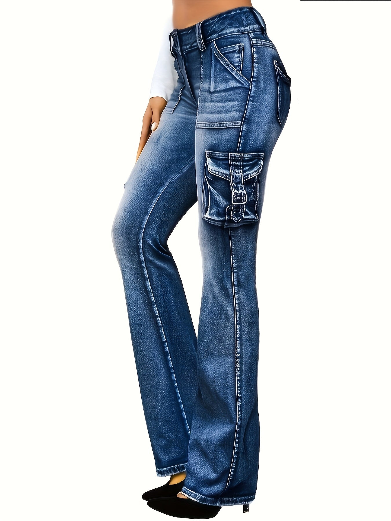 Elastic Women's Retro Low-waist Jeans, Tight Work Pants, Fashionable And Casual, With Flip Covers And 7 Pockets