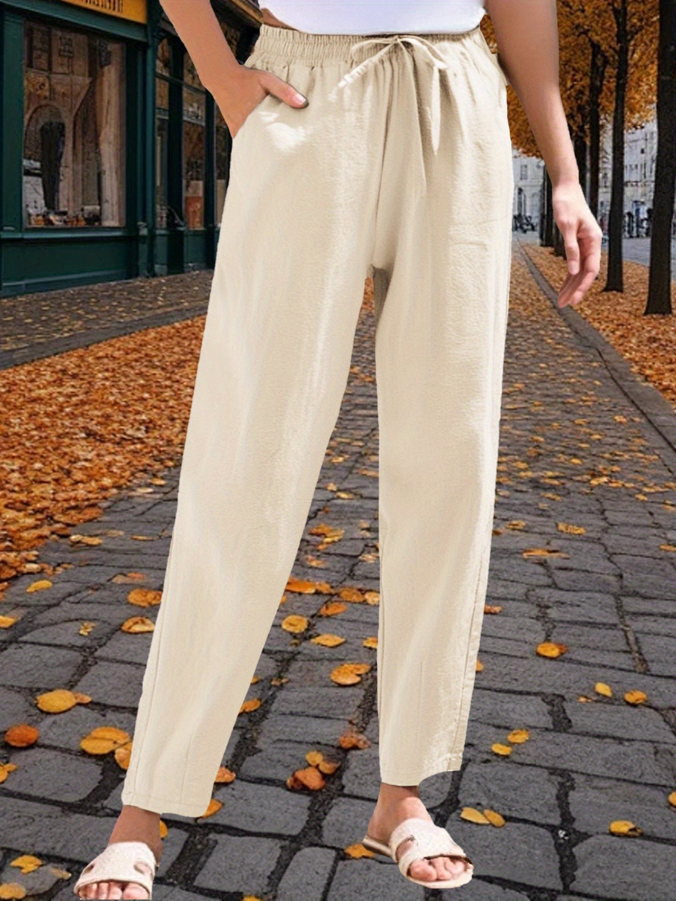 3-Pack Women'S 9/10 Length Casual Trousers, Loose Fit, Solid Color Drawstring Elastic Waist, Comfortable And Versatile for Office, Weekend Strolls, Gatherings, And Beach Vacations