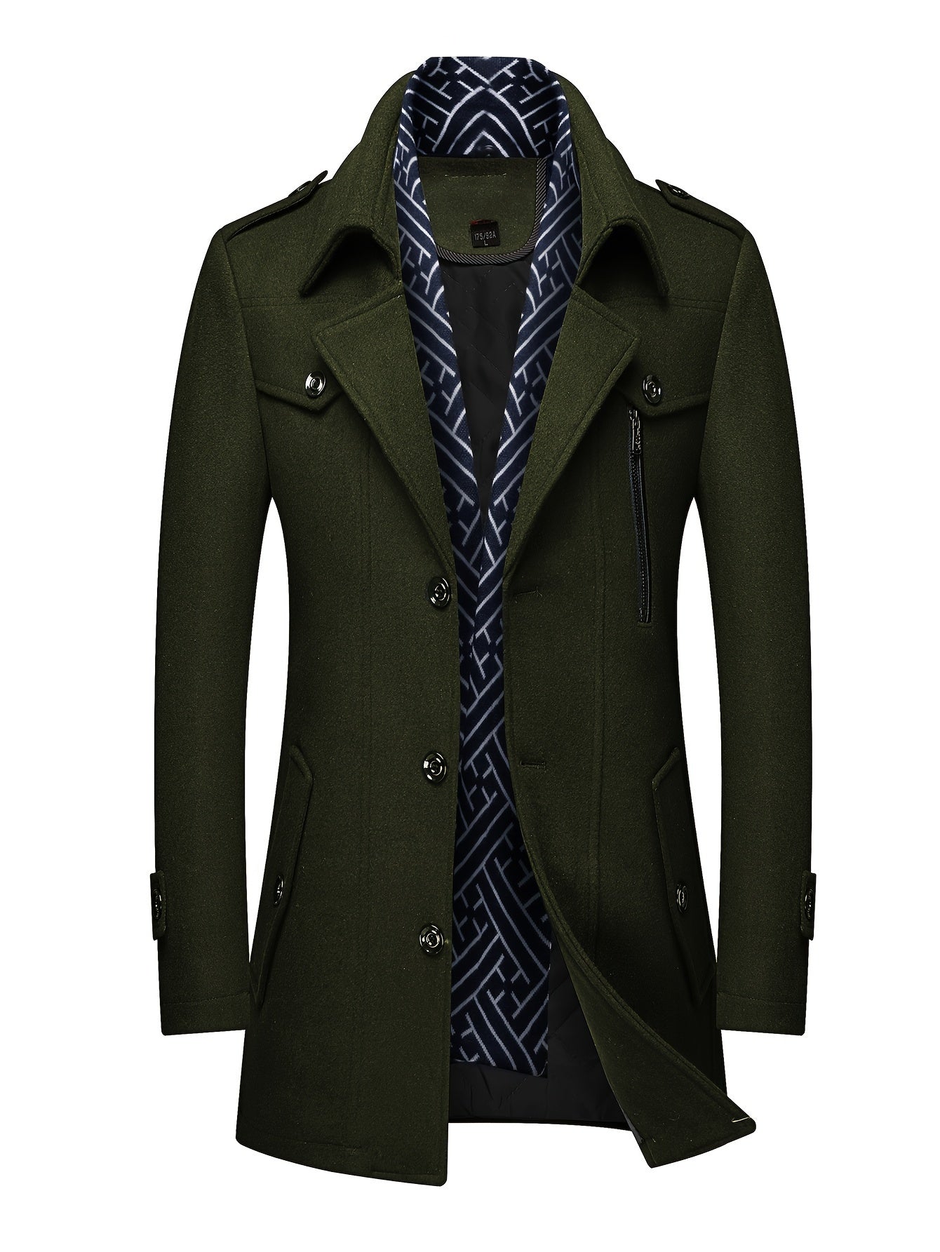 Men'S Wool Blend Coat with Detachable Soft Scarf Notched Collar Single Breasted Overcoat