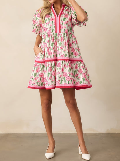 Women'S Summer Floral Mini Dress, Puff Sleeve Short Sleeve V-Neck Loose Bohemian Style Beach Dress, Floral Print