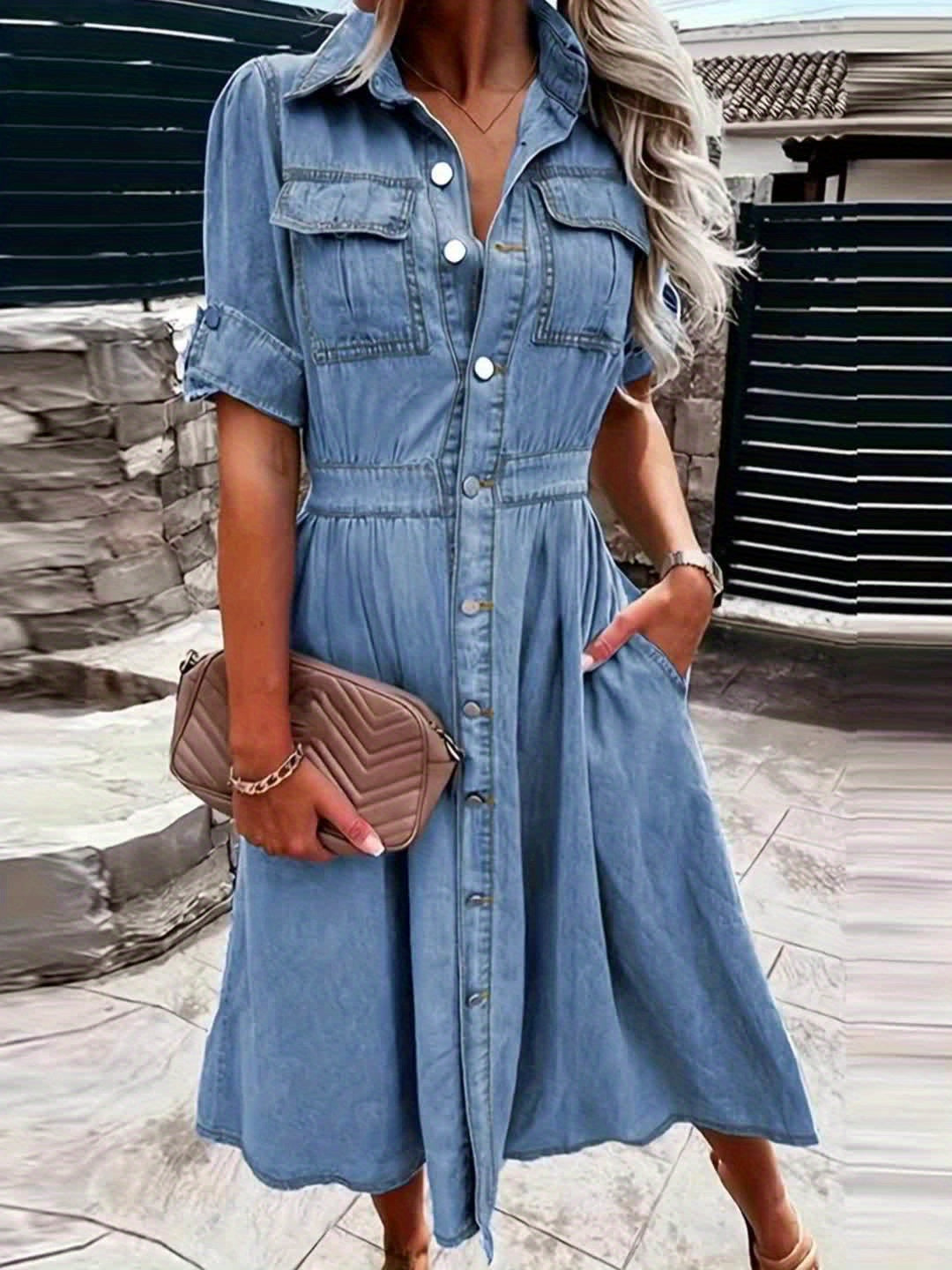 Women's waist a-line Jean Dress Row button V-neck dress