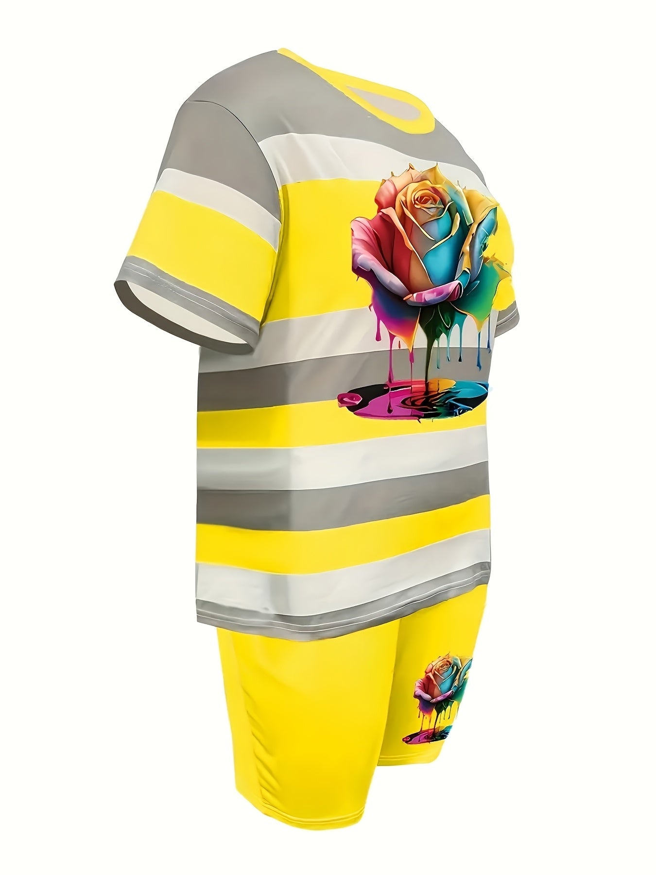 Women'S Casual Striped Short-sleeve Shorts Set, Featuring A Mix Of Floral And Striped Prints, With Pockets On The Shorts.