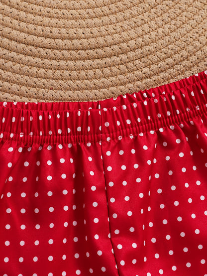 Set of 2 Girls' Outfits for Spring And Summer: a Gingham Dress with a Strawberry Print And Bow, Paired with Red Polka Dot Shorts. This Casual Set Is Machine Washable And Ideal for Toddlers, Featuring a Comfortable Spandex Design, for Outdoor