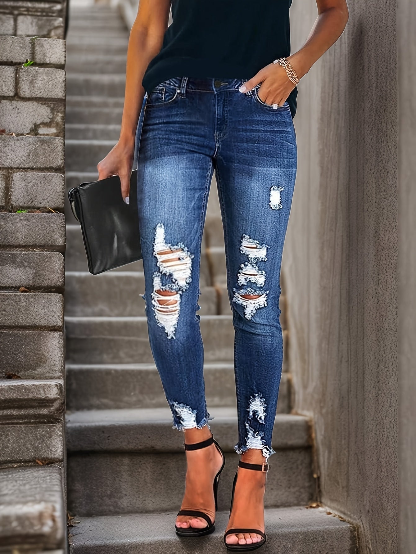 KUYIGO Women's Boyfriend Skinny Jeans Ripped Distressed Stretchy Denim Pants