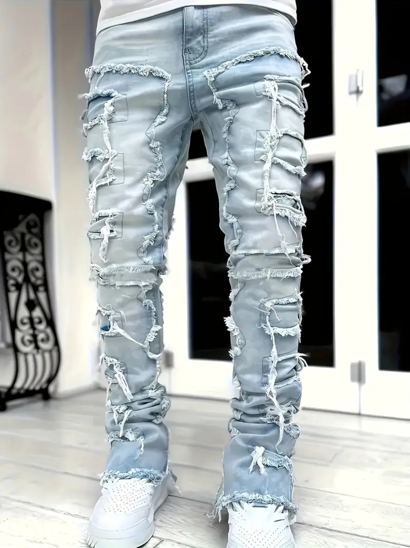 (Available In Five Colors) Teenager Ripped Jeans, Retro Street Style, High Street Patch Fabric, Popular Ripped Jeans, Fashionable Splicing, Slim Fit Jeans, Versatile Straight Jeans 1pc, Perfect for Outdoor, for Teenager