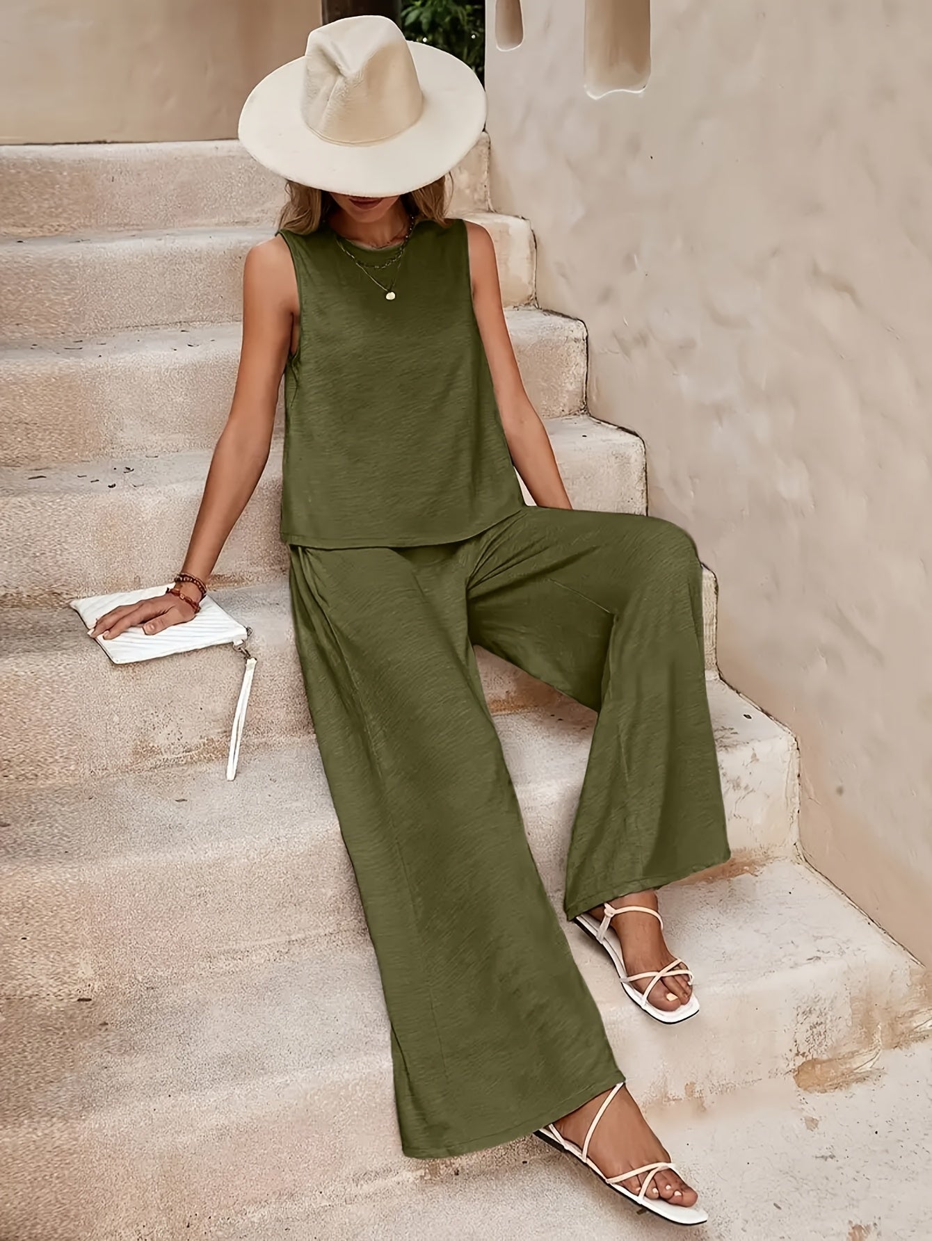 Women 2pcs Lounge Set, Crew Neck Sleeveless Tank Top Wide Leg Pants, Summer Casual Outfit for Daily, Travel Or Party