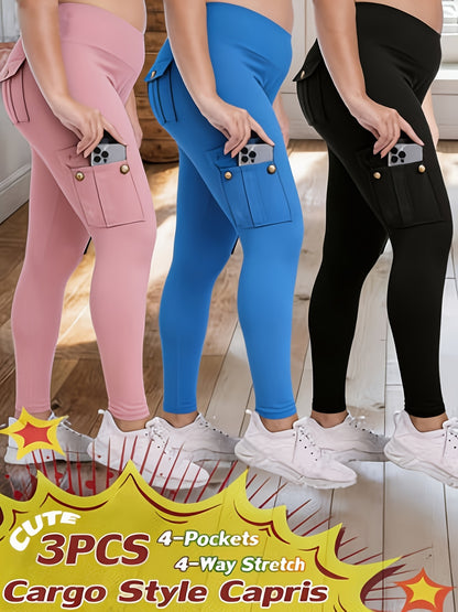 3-Pack High Waisted Cargo Yoga Pants With Slide Pockets - Tummy Control, 4 Pockets, Breathable 4-Way Stretch, Moisture Wicking, Perfect For Running, Gym & Yoga Lovers