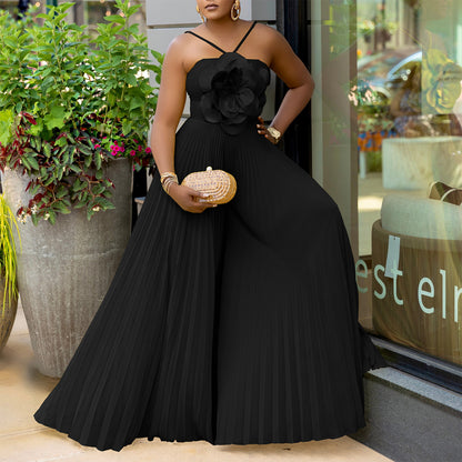 Plus Size - Plus Size - New Women'S European And American Summer Hanging Neck Three-Dimensional Flower Solid Color Wide Leg Plus Size Foreign Trade Jumpsuit