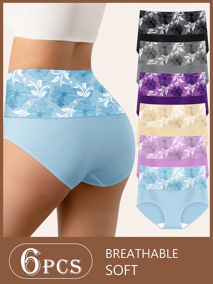 6pcs Seamless Floral Print High Waist Briefs, Sexy Comfy Breathable Stretchy Intimates Panties, Women'S Lingerie & Underwear