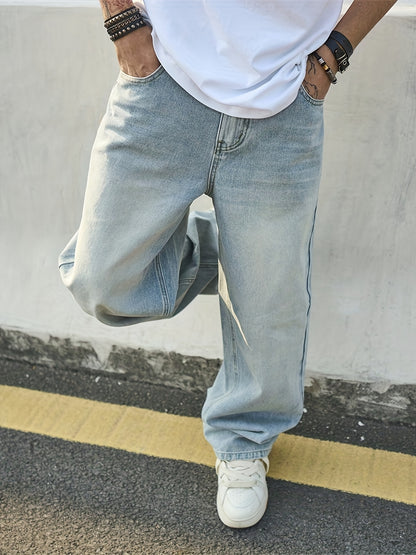 Trendy Solid Color Wide-Leg Straight Denim Jeans for Men, Inspired by Retro Casual Styles from Hong Kong