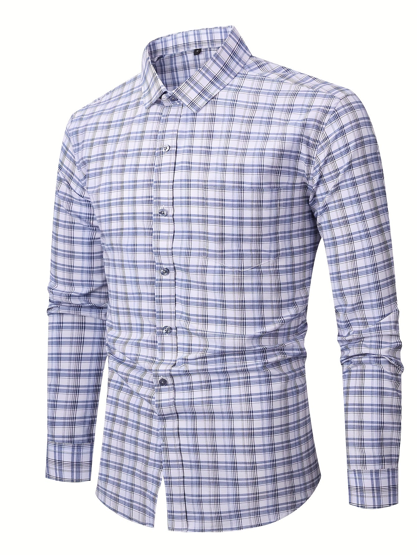 Men's Navy Blue & White Plaid Cotton Long-Sleeve Shirt - product view 31