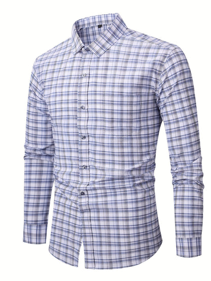 Men's Navy Blue & White Plaid Cotton Long-Sleeve Shirt - product view 31