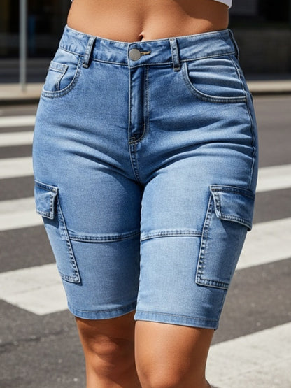 Women'S Multi-Pocket Blue Denim Shorts - Slim Fit with Stretch And Side Pockets, Machine-Washable Comfortable Casual Pants, Suitable for Both Everyday And Formal Outfits, Perfect for Summer Outings