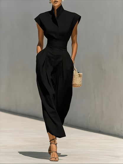 [High-Neck Long Dress] A White Blended Fabric High-Neck Long Dress With An Open Sleeve And A Pleated Waistband Pocket Design, Suitable For Both Professional And Casual Wear