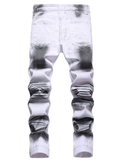 Men'S Print Jeans Stretch Casual Slim Long Casual Pants | Mid Waist, Regular Fit, Zipper Fly, All-season, Washed Detail