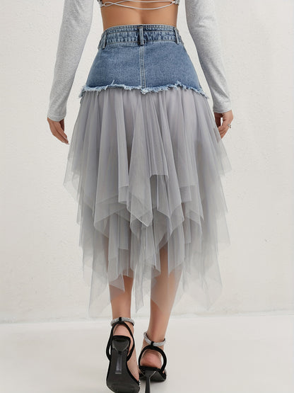 A Midi Skirt for Spring, Summer, And Autumn, Combining Denim And Tulle with a Trendy Raw-Edge Hem