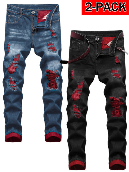 New Spring Style Two-Pack Men'S Jeans: Trendy Ripped Jeans, Black Retro Colorful Casual Pants, Perfect Valentine'S Day Gift