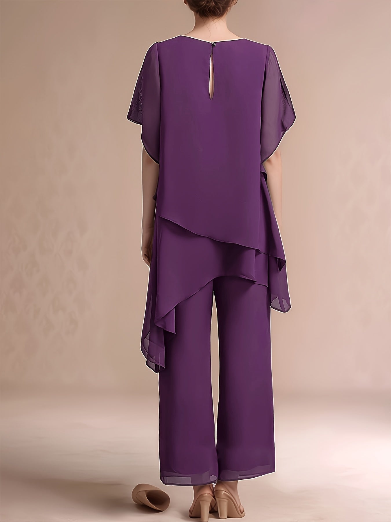 Women'S Chiffon Short Sleeve 2pcs Set Solid Color Irregular Elegant Party Fashion Suit