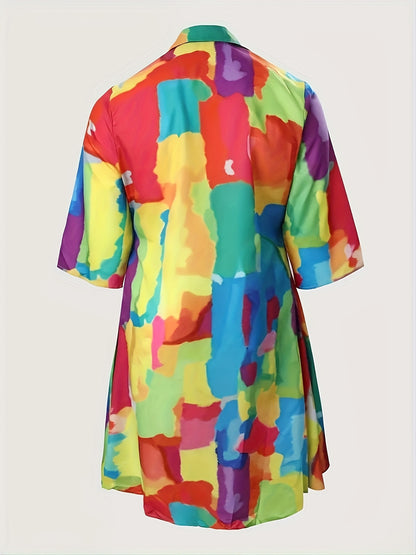 [Fashion Vacation Dresses] Plus Size Women's Fashion Vacation Casual Style Multi-colour Printed Long Sleeve Lapel Dresses | Spring, Summer And Autumn Fatty Size