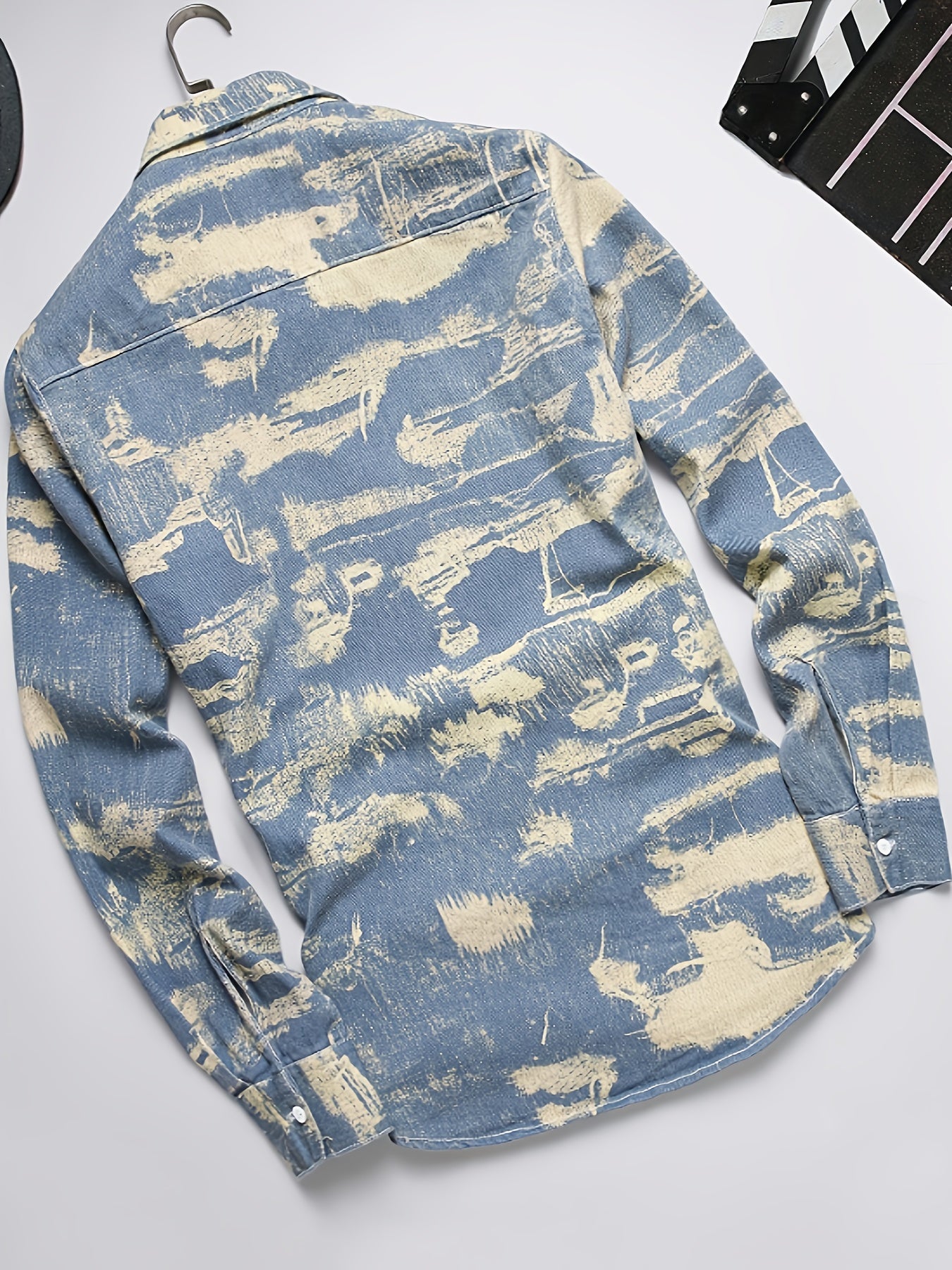 Men's Camo Top Denim Shirt Long-sleeve Top, Men's Heavy Winter Denim Jacket, Vintage-style Blue Washed Denim Coat