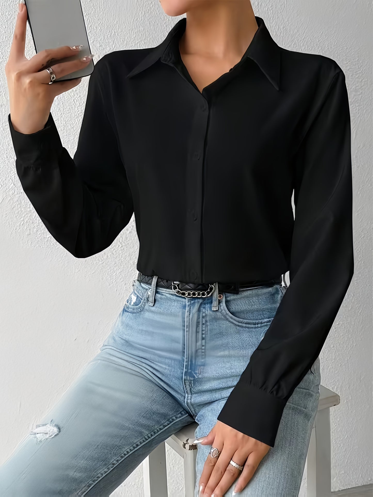 2pcs Women's Elegant Collar Button-Up Jumpsuit Suit - Solid Color Professional Blouse Top for Commuting, Office & Casual Wear, - Versatile Daily Shirt, Hand Washable (No Transparency) for to Outfits