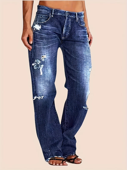 1 Women's Ripped Flare Wide Leg Slightly Stretchy Jeans - Fashion Distressed Casual Streetwear - US Size XS-XXL