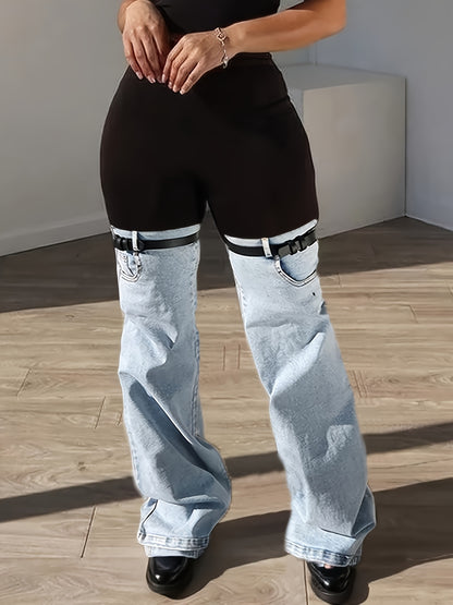Women'S High Waist Two Tone Patchwork Flare Pants, Black Slim Fit Leggings with Light Wash Denim Bell Bottom Legs And Adjustable Buckle Strap Design for Y2K Streetwear, Perfect for Retro Streetwear Looks