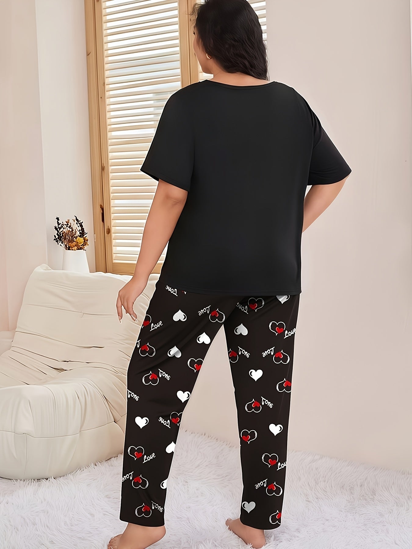 [6pcs Pajama Set] 6pcs Large-Sized Women's Casual Home Wear | Summer Short-Sleeved Crew Neck Top And Tartan Long Pants Pajama Set, Slight Stretch Fabric, All-Season
