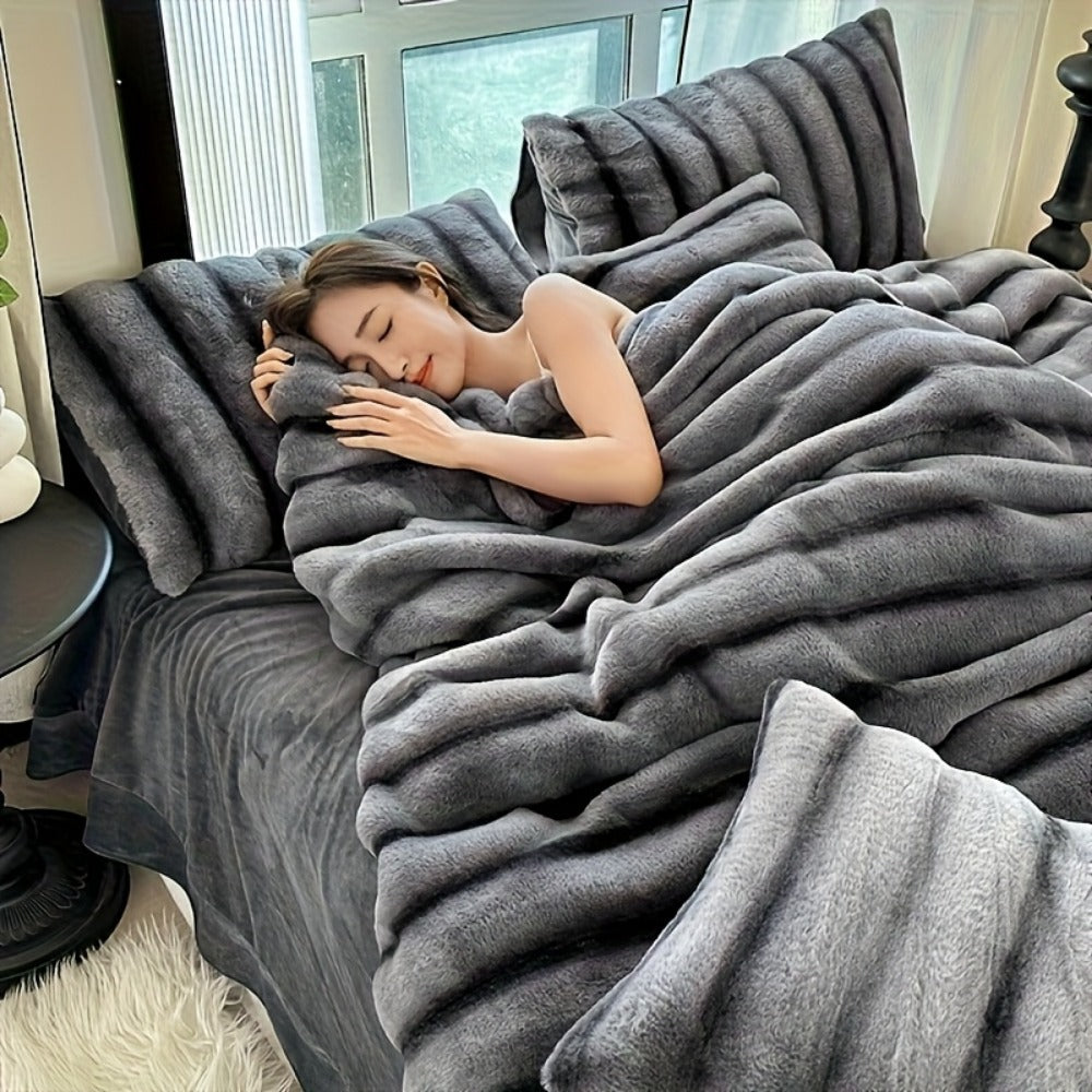 Faux Rabbit Fur Throw Blanket - Striped Double-Sided Flannel Back